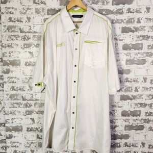 Coogi Men's White Green Button Down Shirt Embroidered Coogi Oversized Streetwear